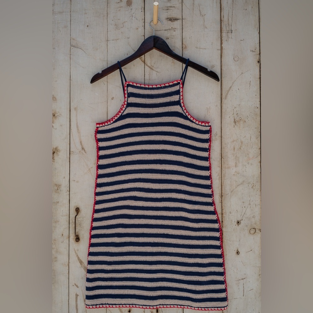 Love Stitch red tan and blue square neck knit dress